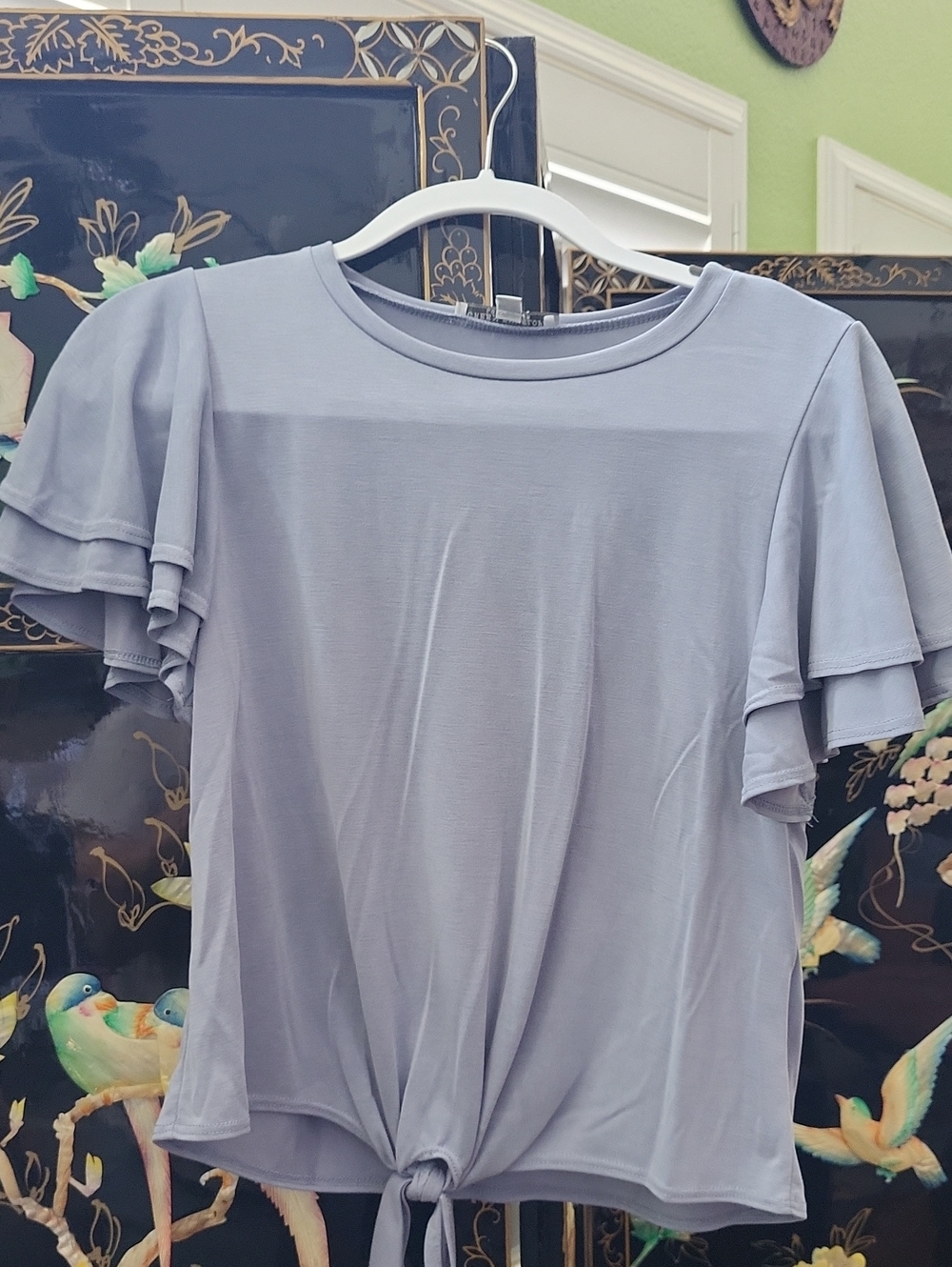 Green Envelope Light Blue Tie-Front Flutter Sleeve Tee